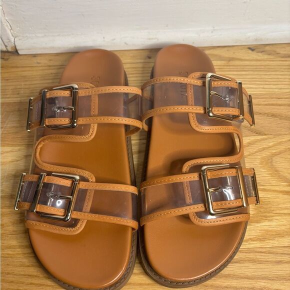 Schutz NAOMI SPORTY VINYL & METALLIC SANDAL size 7 NWOT in brown/clear/silver - Picture 3 of 7